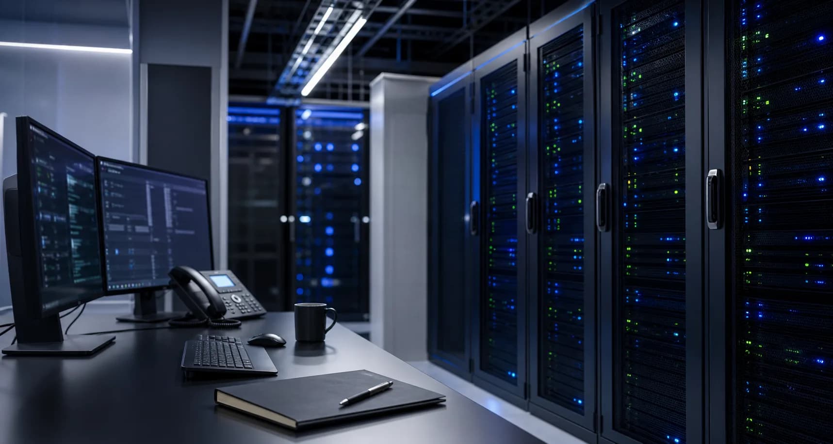 Infrastructure operations desk with server racks in a data center
