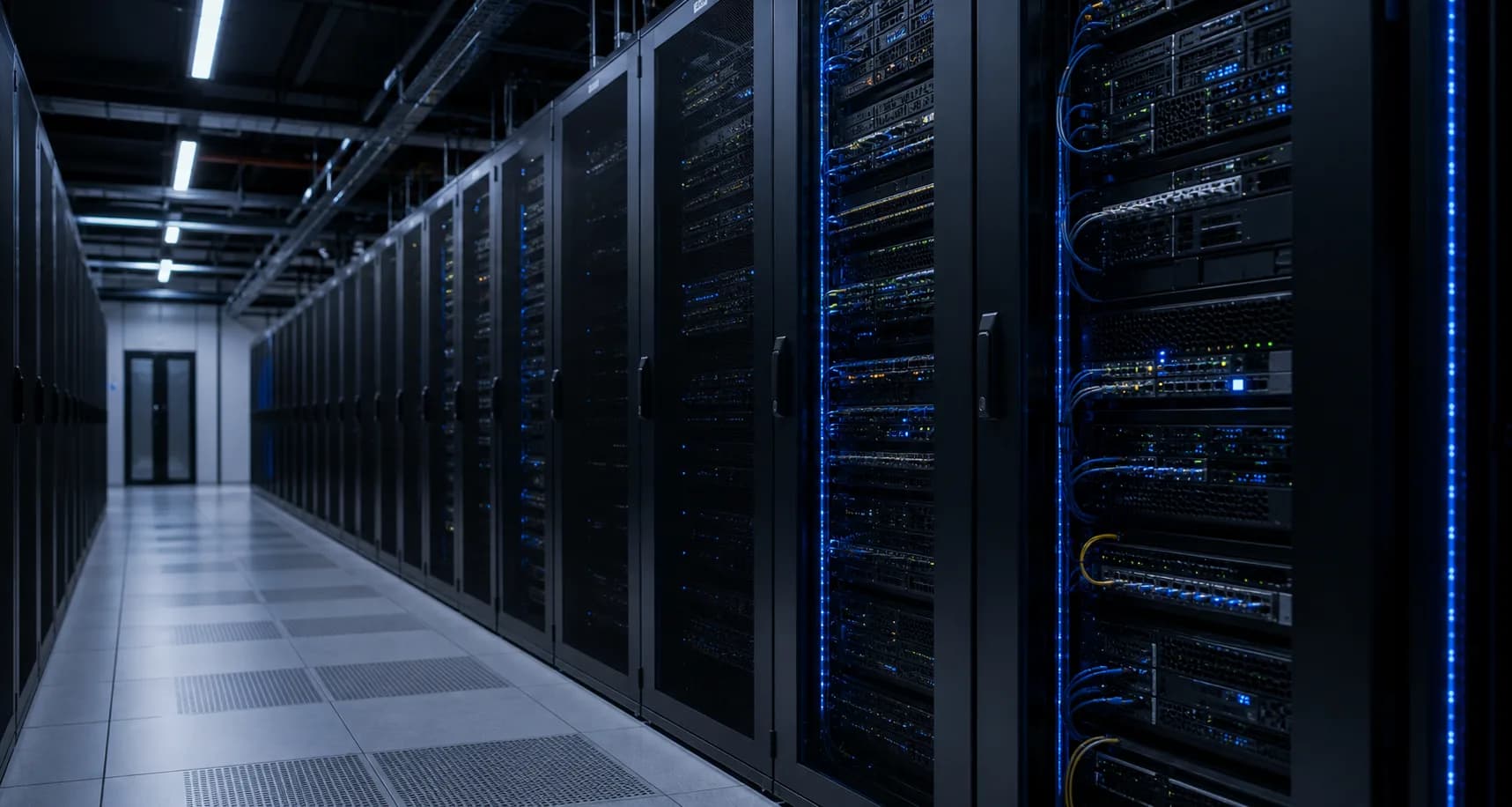 Modern data center corridor with server racks and network equipment
