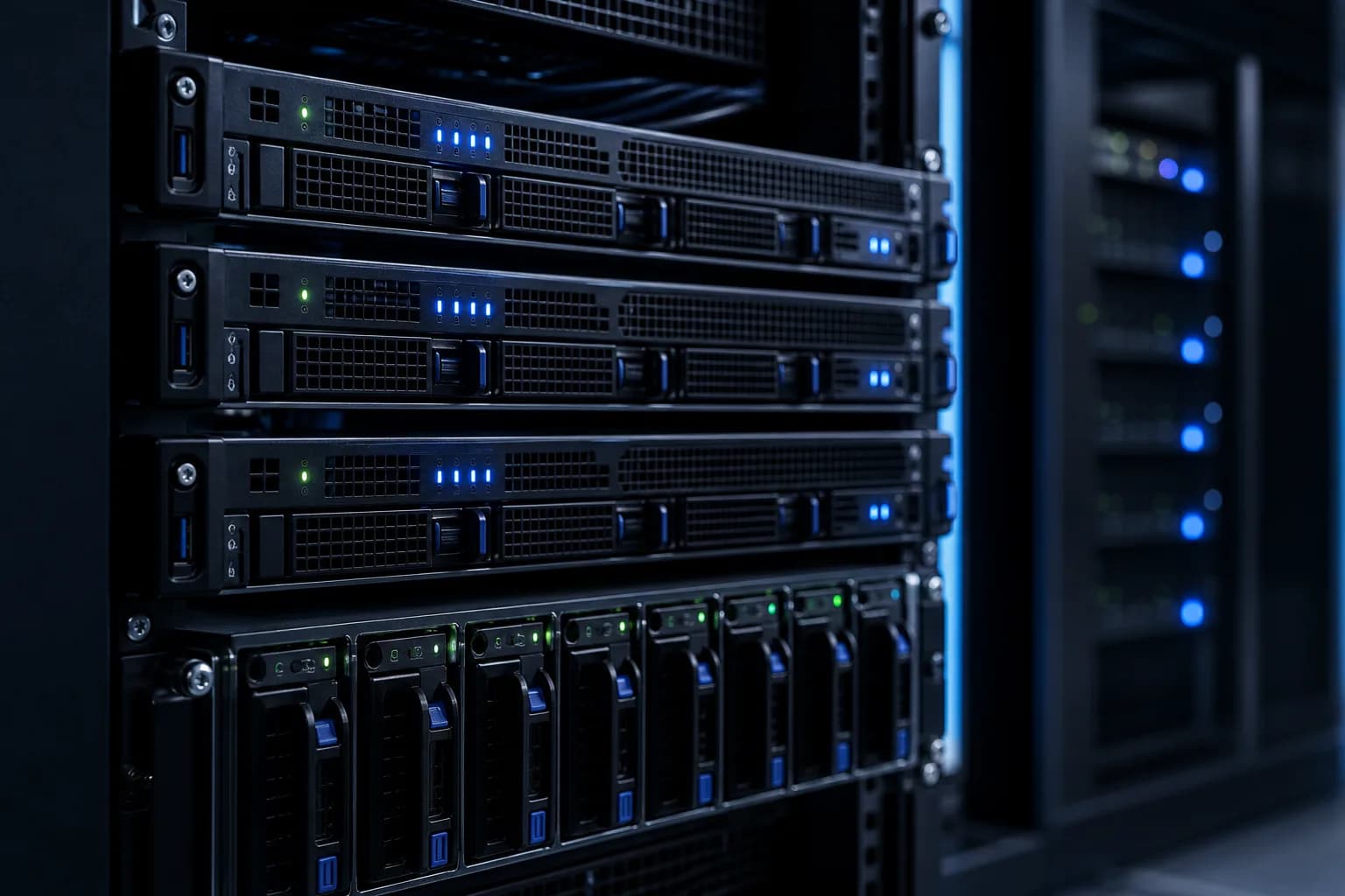 Close-up of enterprise server nodes for Cloud VPS infrastructure